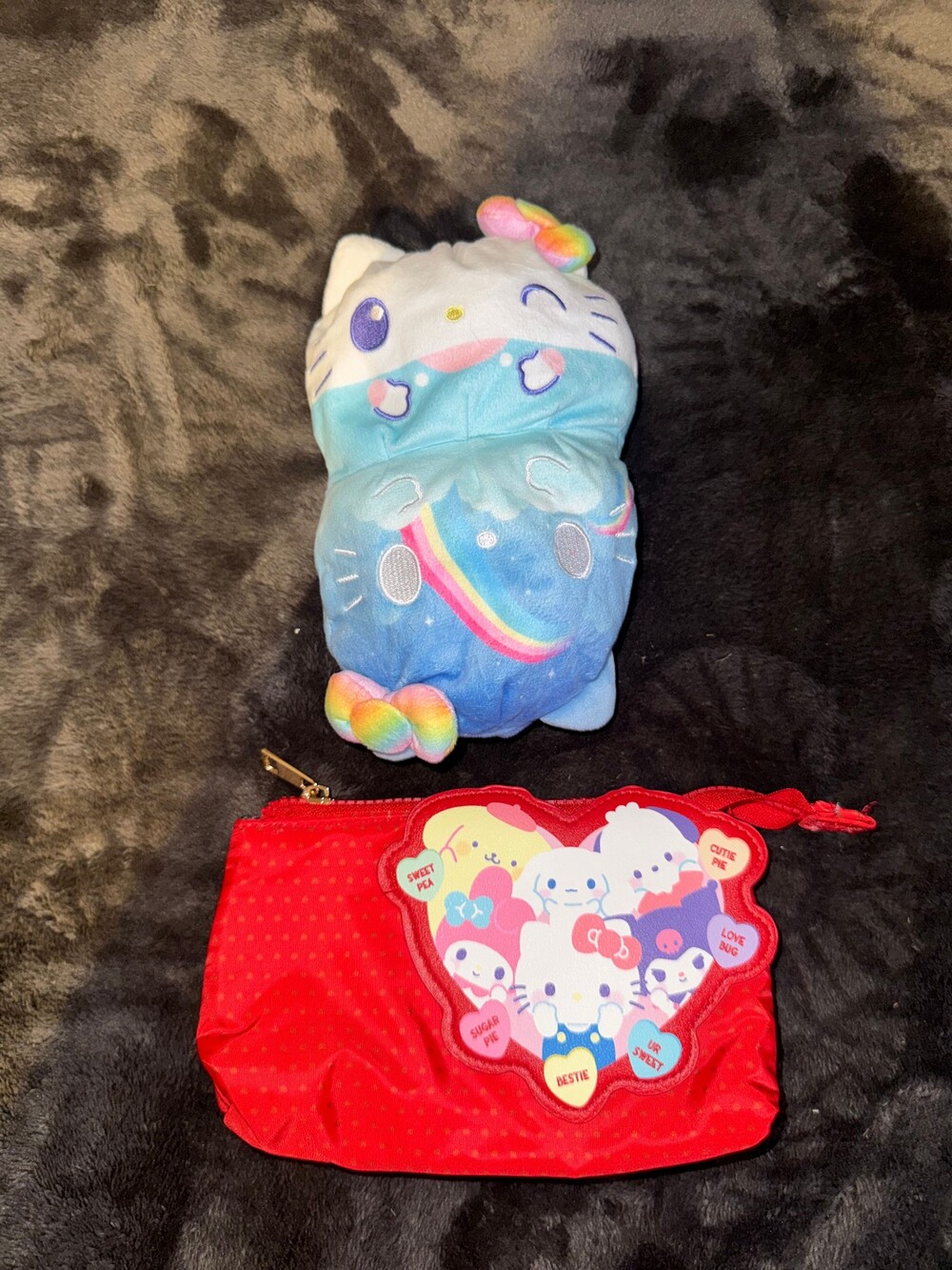Hello Kitty Plush with Rainbow Bow and Blue Body and Red Pouch Hello Kitty and F